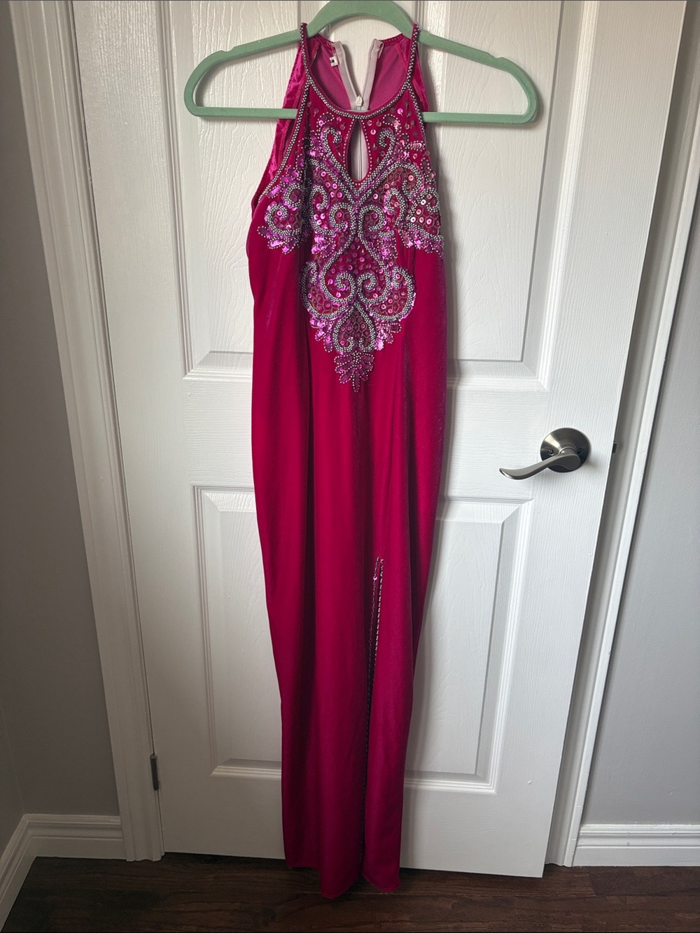 Halter Fuchsia Beaded Prom Gown